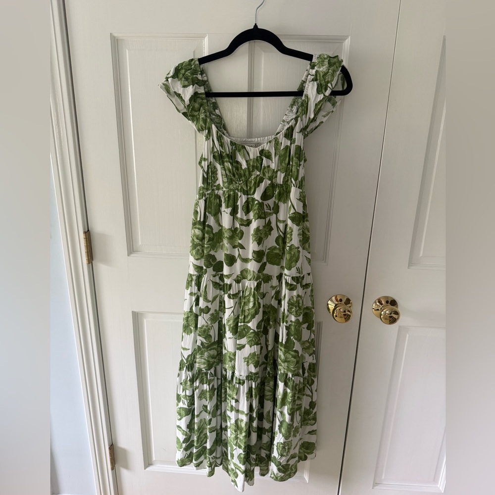 Abercrombie & Fitch White Midi Dress with Green Leaf Print